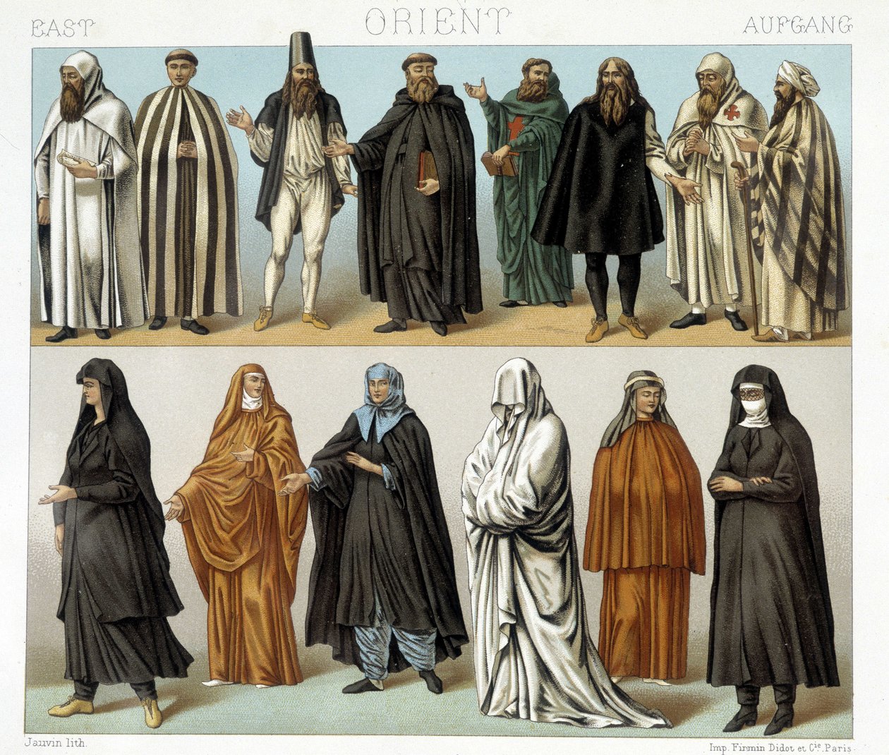 Kostymer av munker og religiøse i Midtøsten på 1800-tallet. Illustrasjon i "" Le costume historique"" av Racinet av Albert Charles August Racinet