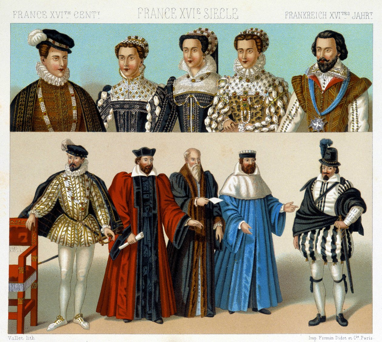 Kostymer til adelsmenn og sorenskrivere i Frankrike på 1600-tallet. Kromolitografisk plate - i "" Le costume historique"" av Racinet av Albert Charles August Racinet