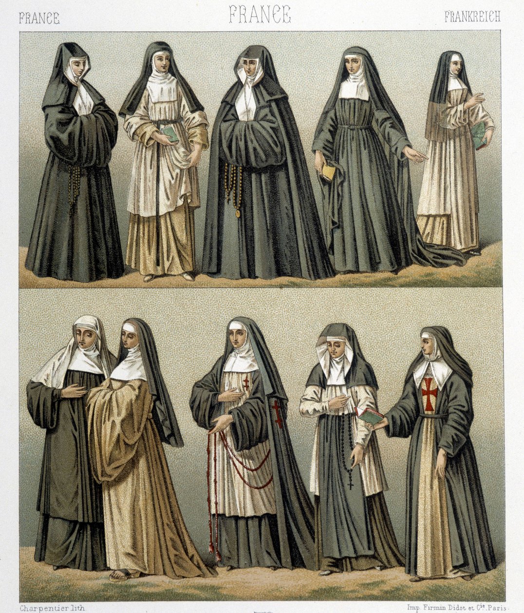 Kostymer til nonner i Frankrike på 1700-tallet. Illustrasjon i "" Le costume historique"" av Racinet av Albert Charles August Racinet
