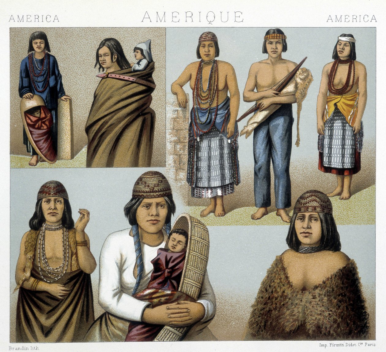 Kostymer til California-indianerne. Illustrasjon i "Den historiske drakten" av Racinet av Albert Charles August Racinet