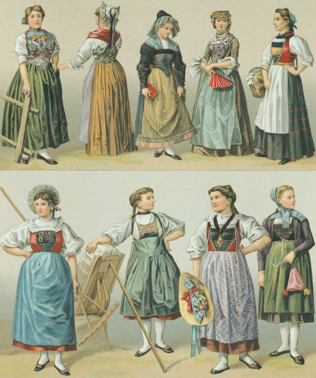 Costumes of the Cantons, illustrasjon fra The Complete Costume History av Racinet Auguste av Albert Charles August Racinet
