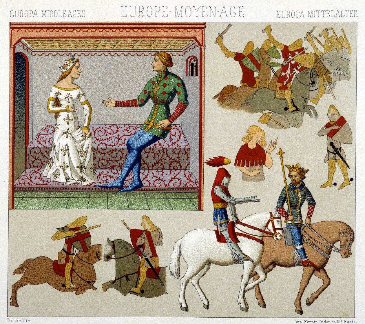 Middelalderens kostymer i Frankrike. Kromolitografisk plate - i "" Le costume historique"" av Racinet av Albert Charles August Racinet