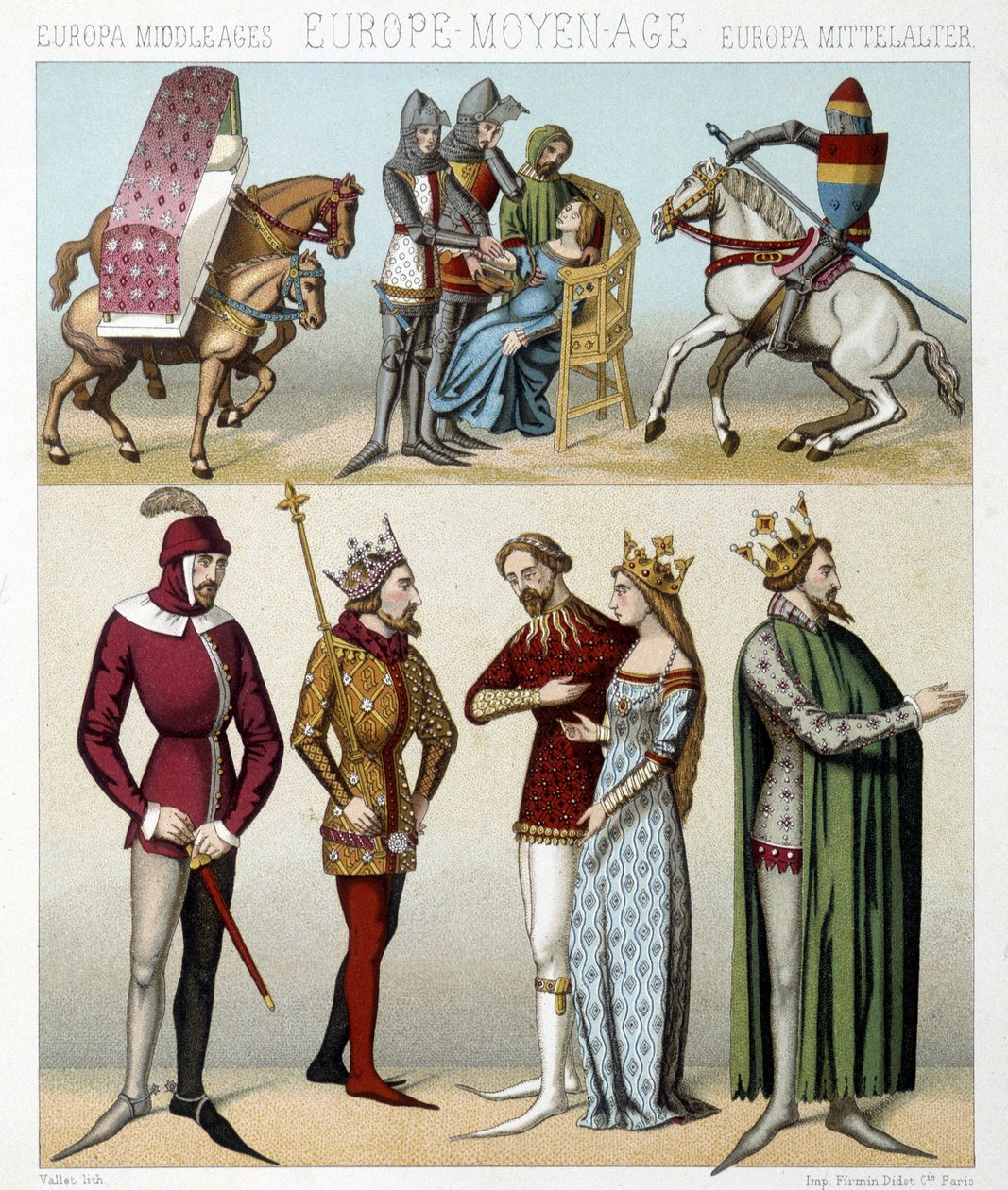 Middelalderens kostymer i Frankrike. Illustrasjon i "Le costume historique"" av Racinet av Albert Charles August Racinet