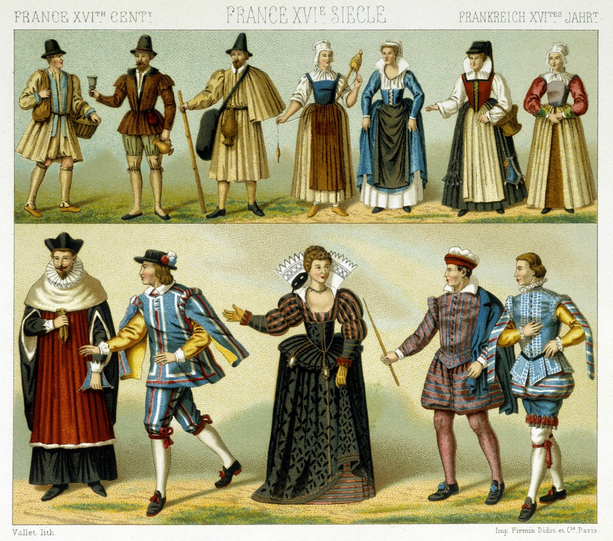 Kostymer av adelen og populære kostymer i Frankrike på 1500-tallet. Kromolitografisk plate - i "" Le costume historique"" av Racinet av Albert Charles August Racinet