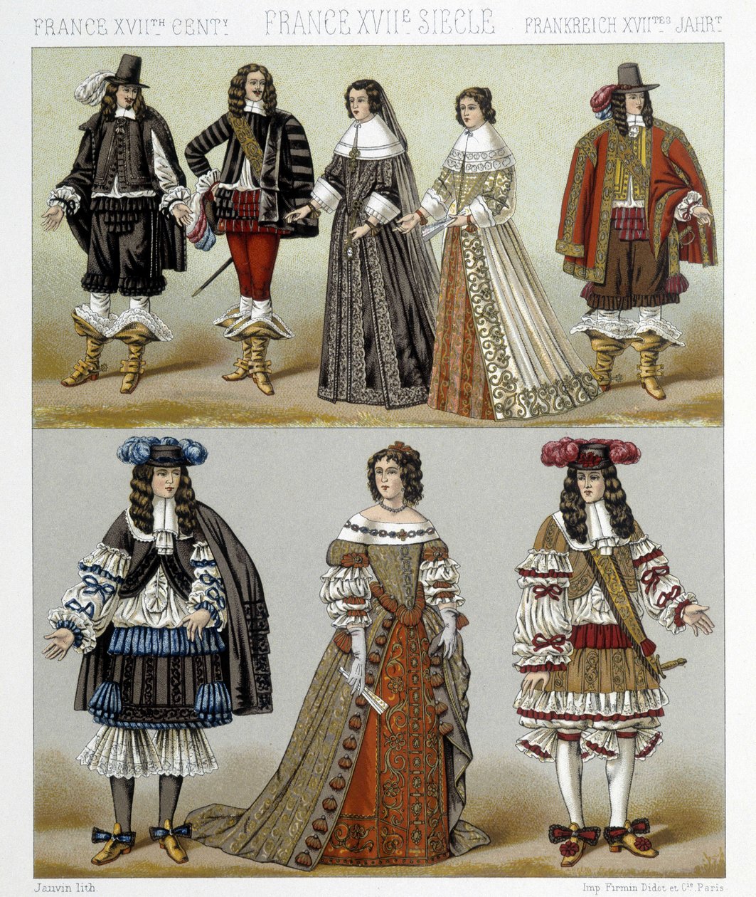 Kostymer til adelen i Frankrike på 1700-tallet. Illustrasjon i "" Le costume historique"" av Racinet av Albert Charles August Racinet