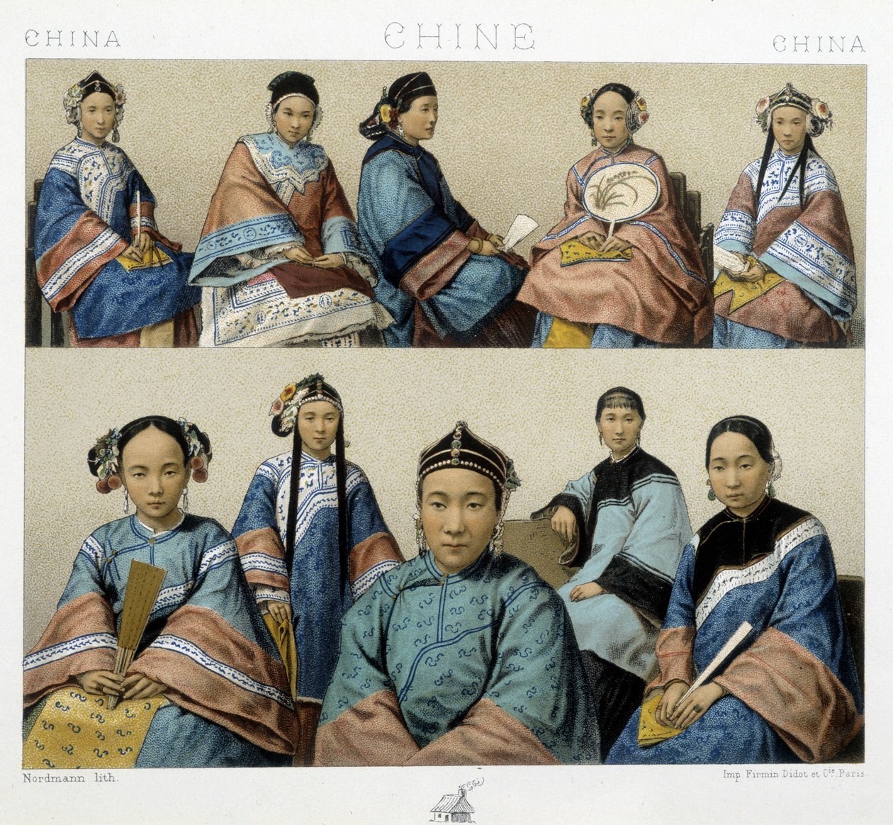 Ulike typer kvinner i Kina - i "" Den historiske drakten"" av Racinet av Albert Charles August Racinet