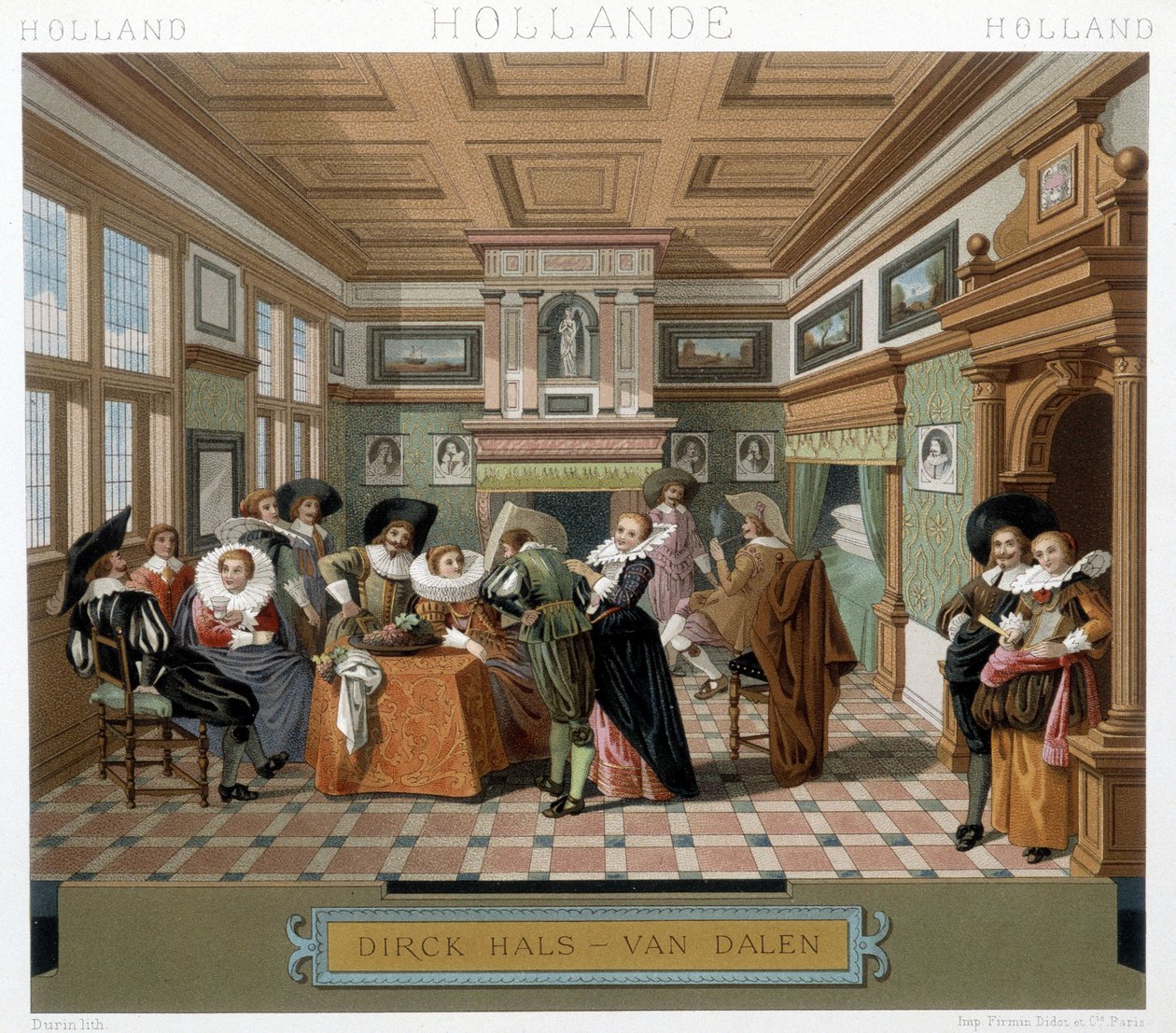 Nederlandsk i kostymer og i interiør fra 1700-tallet. Illustrasjon i "" Le costume historique"" av Racinet av Albert Charles August Racinet