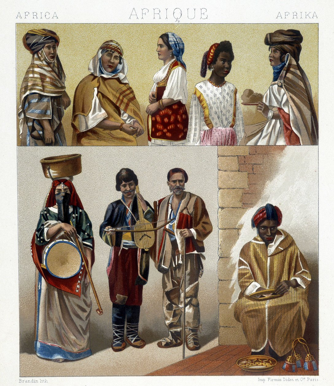 Egyptiske kostymer. Illustrasjon i "Den historiske drakten" av Racinet av Albert Charles August Racinet
