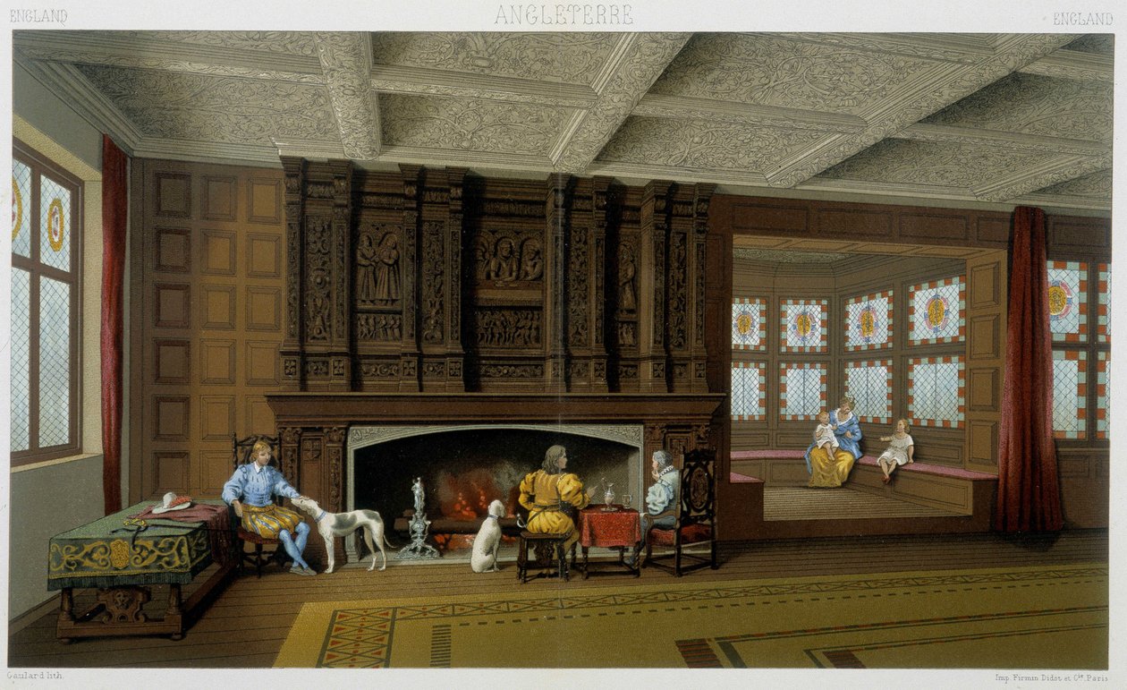 Engelsk lord og hans familie i hans hjem fra 1600-tallet. Kromolitografisk plate - i "" Le costume historique"" av Racinet av Albert Charles August Racinet