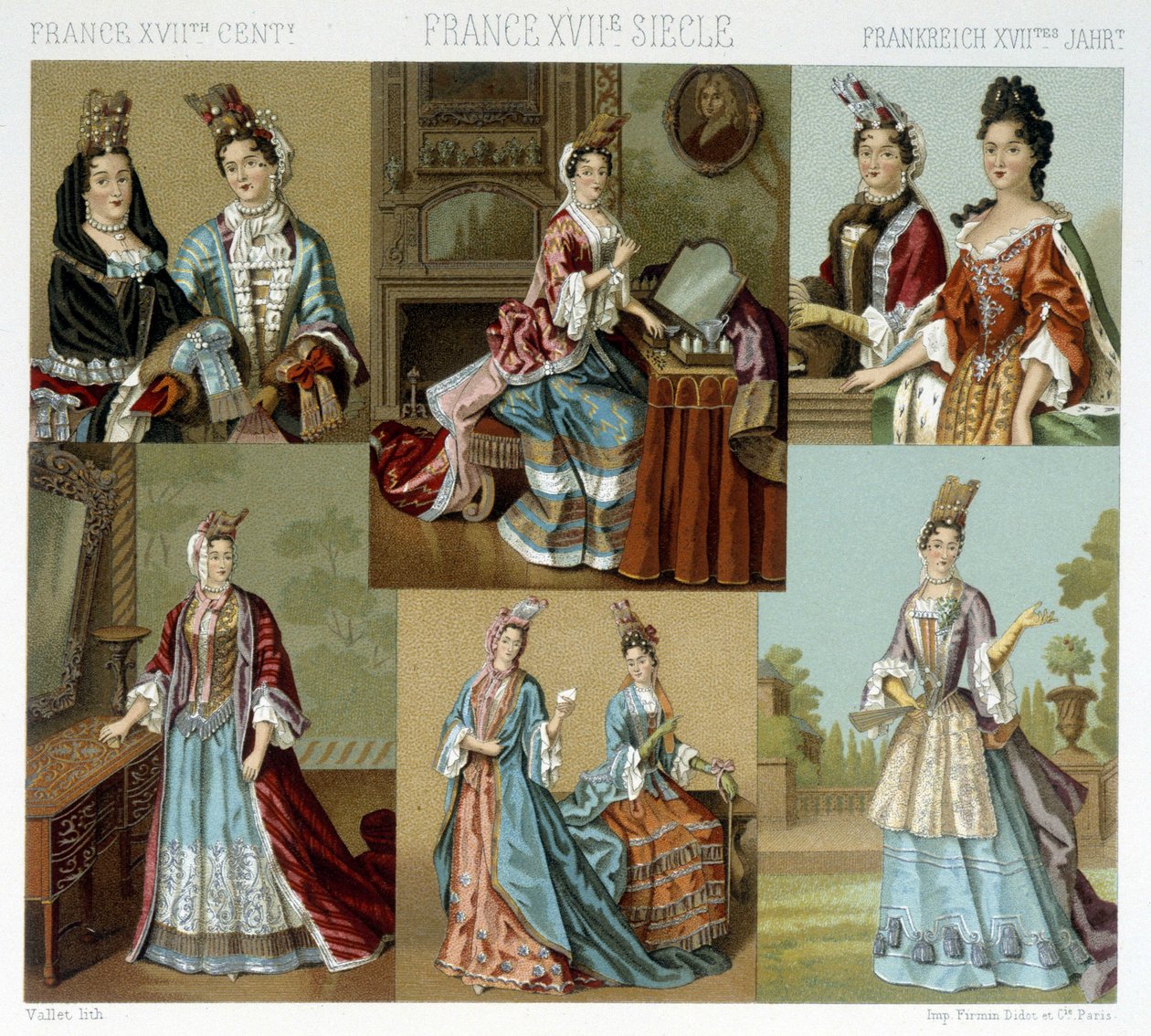 Mote og frisør i Frankrike på 1700-tallet - i "" Le costume historique"" av Racinet, sent på 1800-tallet av Albert Charles August Racinet