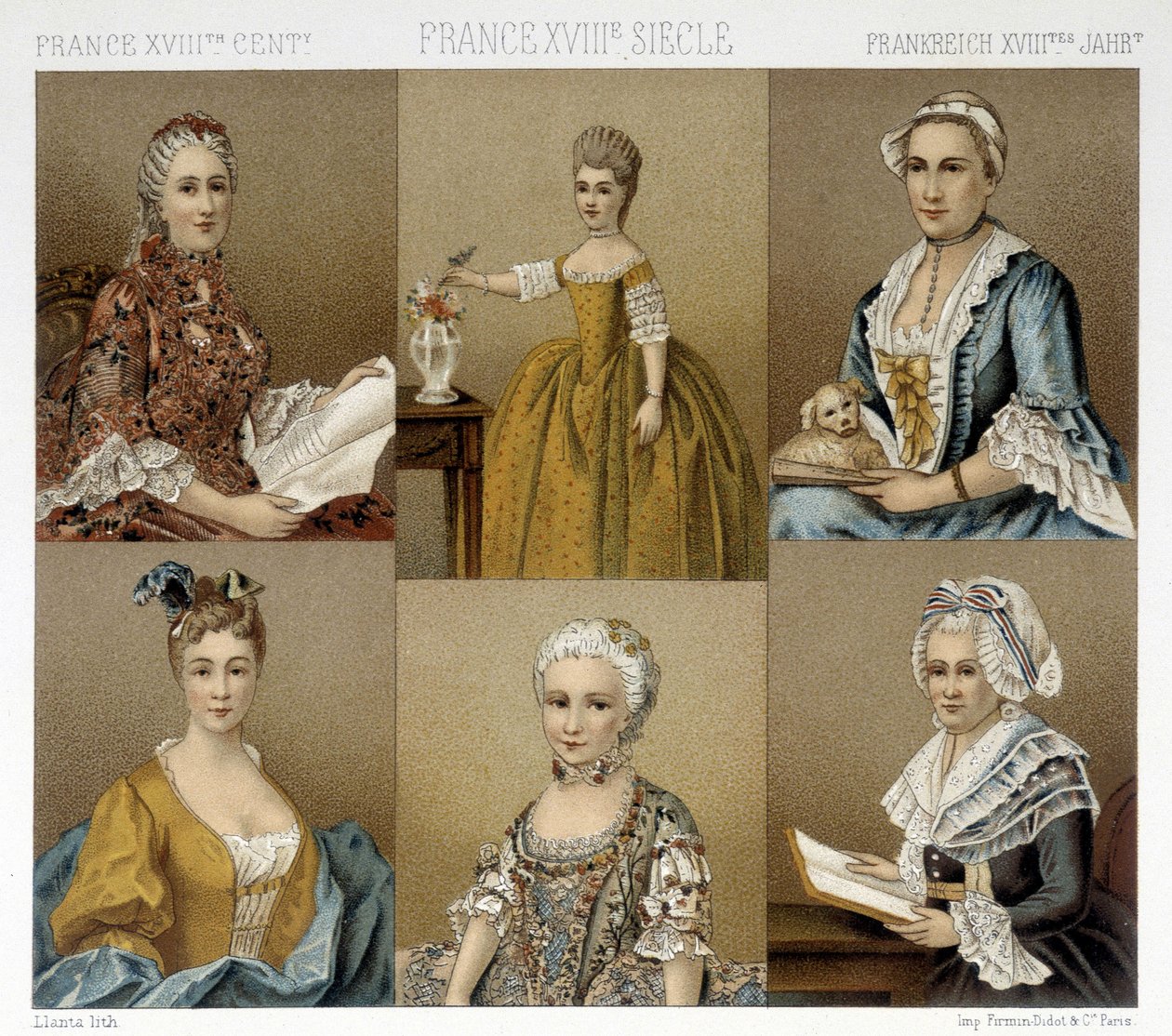 Fransk feminin mote på 1700-tallet. Illustrasjon i "" Le costume historique"" av Racinet av Albert Charles August Racinet