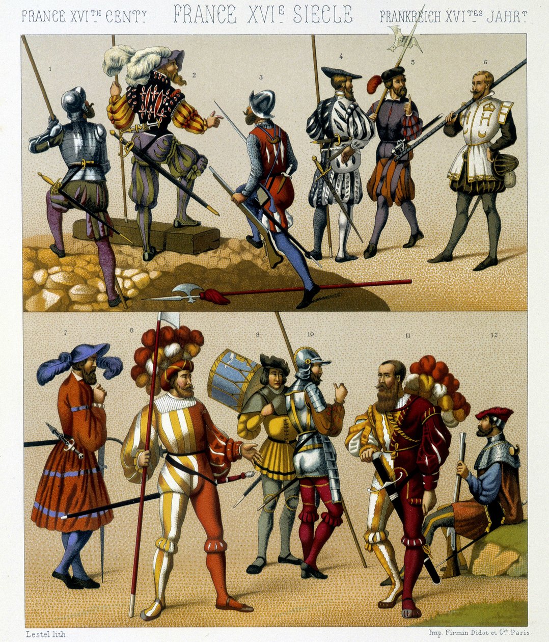 Franske militærdrakter på 1500-tallet. Kromolitografisk plate - i "" Le costume historique"" av Racinet av Albert Charles August Racinet
