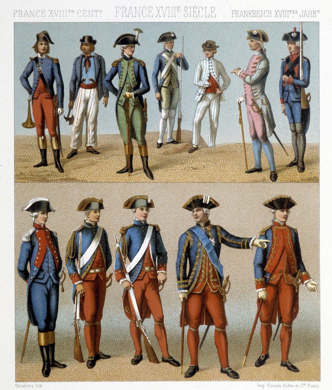 Franske militærdrakter på 1700-tallet. Illustrasjon i "" Le costume historique"" av Racinet av Albert Charles August Racinet