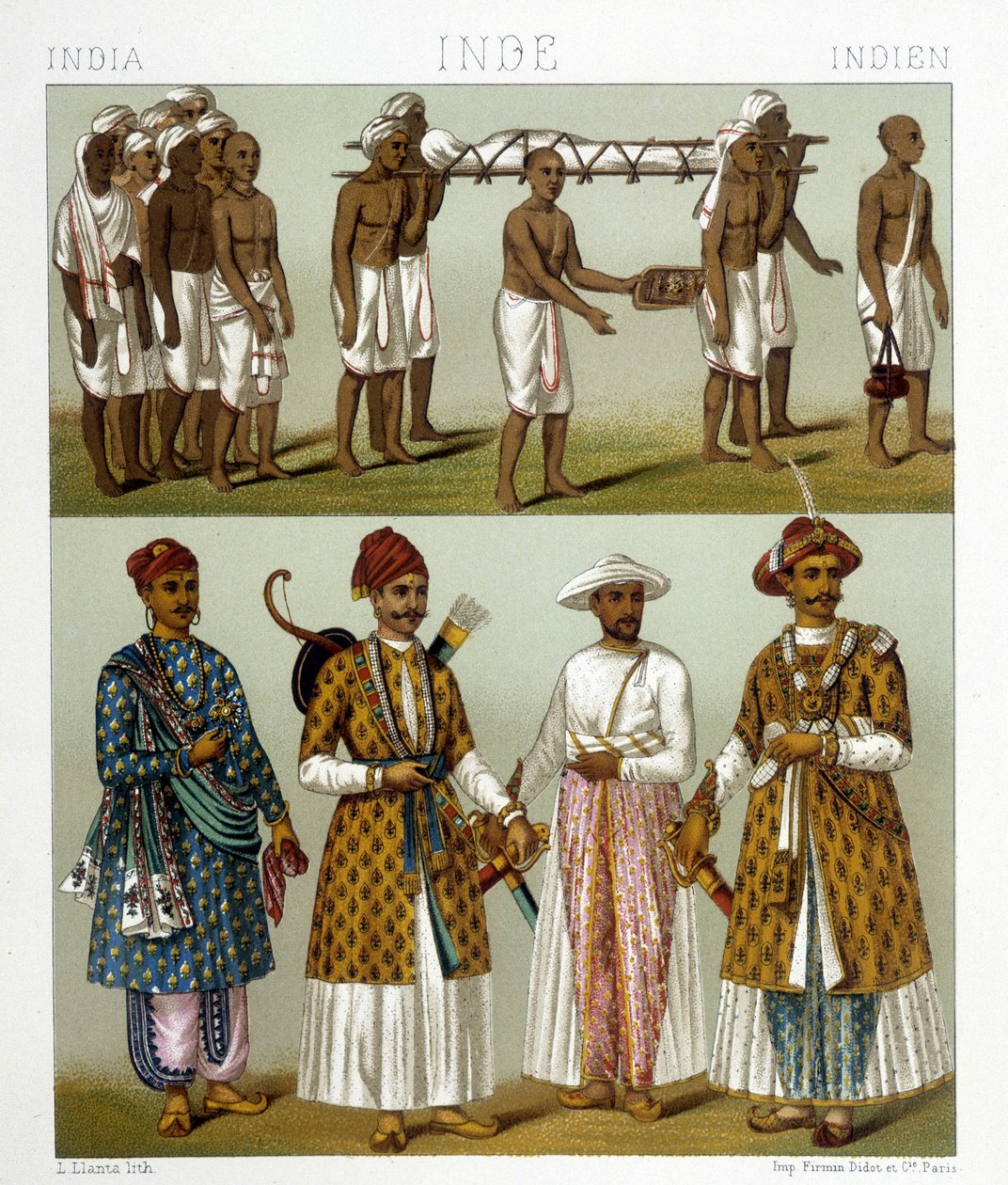 Begravelse (øverst på bildet) og kjøpmenn (nederst på bildet) i India. Tegning i "" Le costume historique"" av Racinet av Albert Charles August Racinet