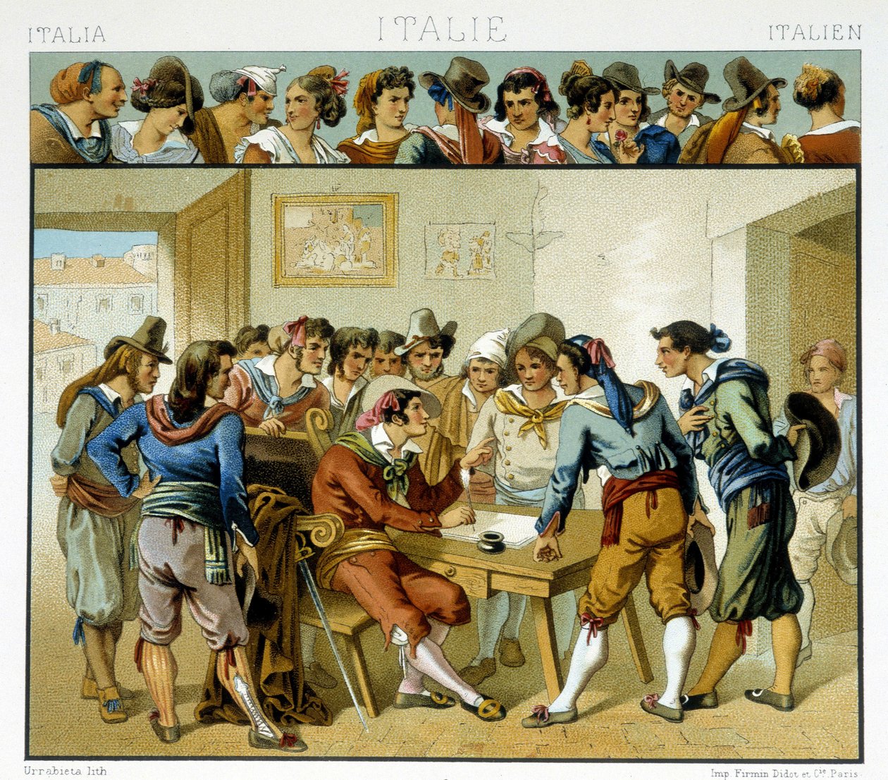 Gruppe italienere rundt en forfatter representert i de populære romerske kostymene på 1800-tallet. Kromolitografisk plate - i "" Le costume historique"" av Racinet av Albert Charles August Racinet