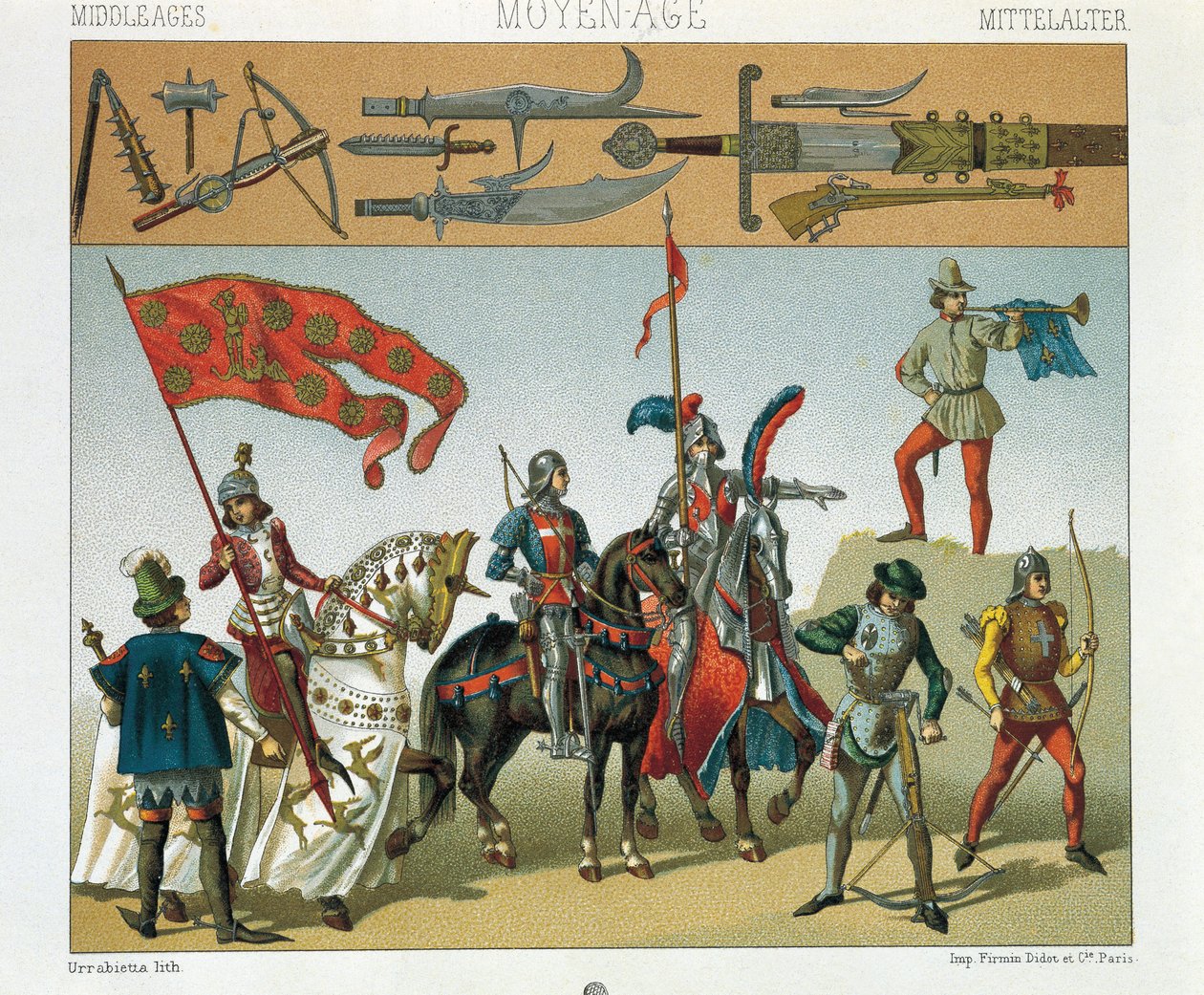 Illustrasjon fra Auguste Racinets historiske kostymer, bind IV, franske ryttere av Albert Charles August Racinet