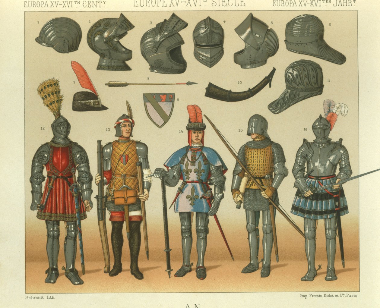 Illustrasjon av europeiske krigere rustning av Albert Charles August Racinet