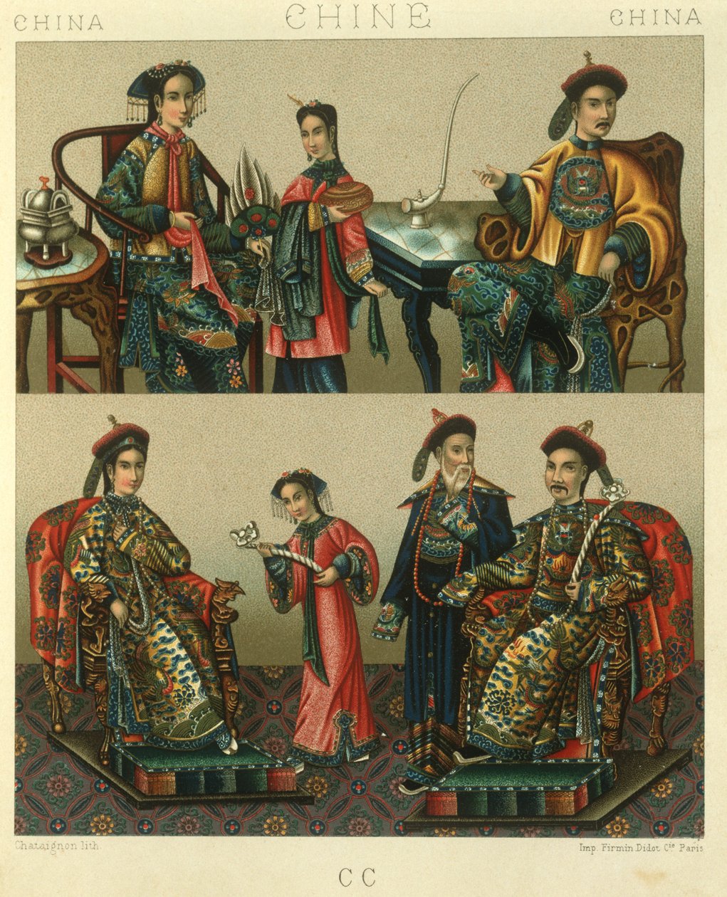 Illustrasjon av den keiserlige familien til Chin; Kina av Albert Charles August Racinet