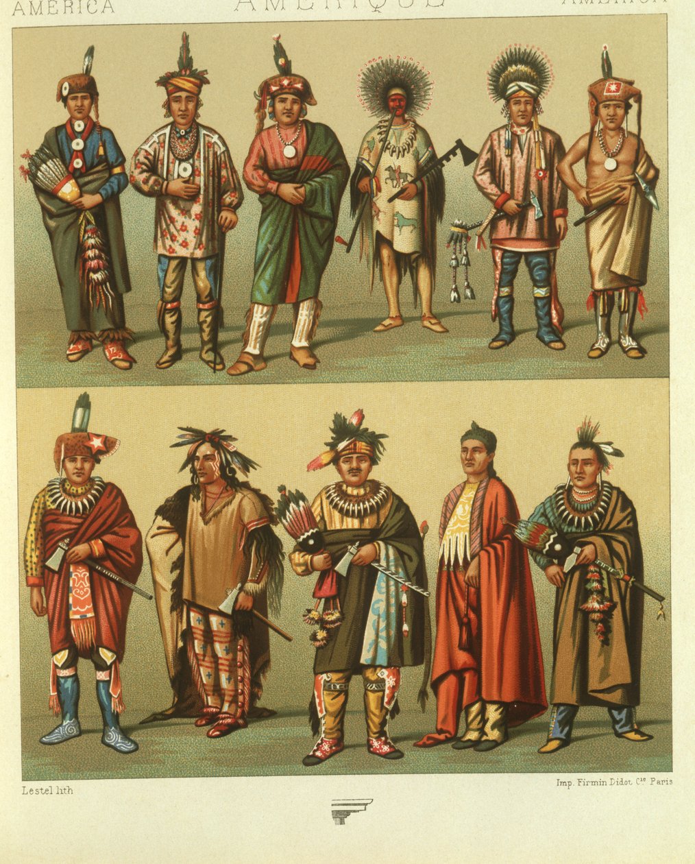 Illustrasjon av nordamerikanske indianere fra Kansas og Nebraska, USA av Albert Charles August Racinet