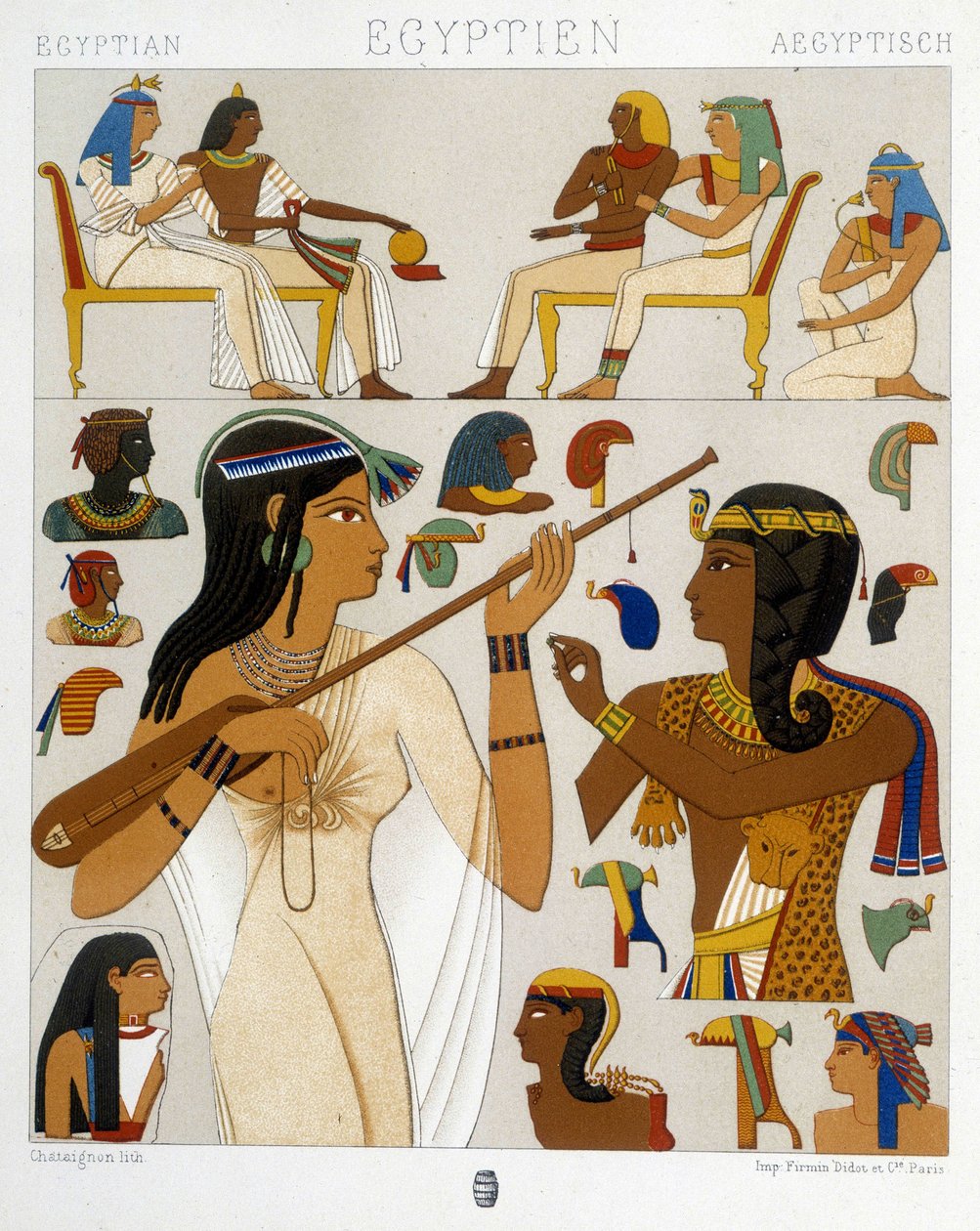 Bilder gjengitt fra freskene i det gamle Egypt i "The Historical Costume"" av Racquet 1888 av Albert Charles August Racinet