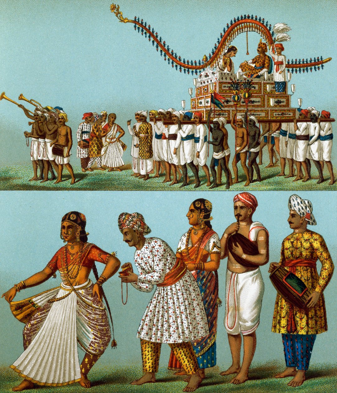 India, parader, musikk, danser, av Auguste Racinet (1825-1893), litografi kommer fra Le Costume Historique, bind I av Albert Charles August Racinet