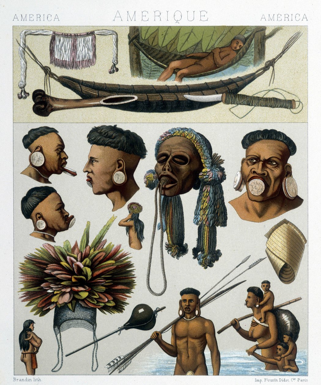 Urbefolkningen i Brasil og Paraguay. Illustrasjon i "Den historiske drakten" av Racinet av Albert Charles August Racinet