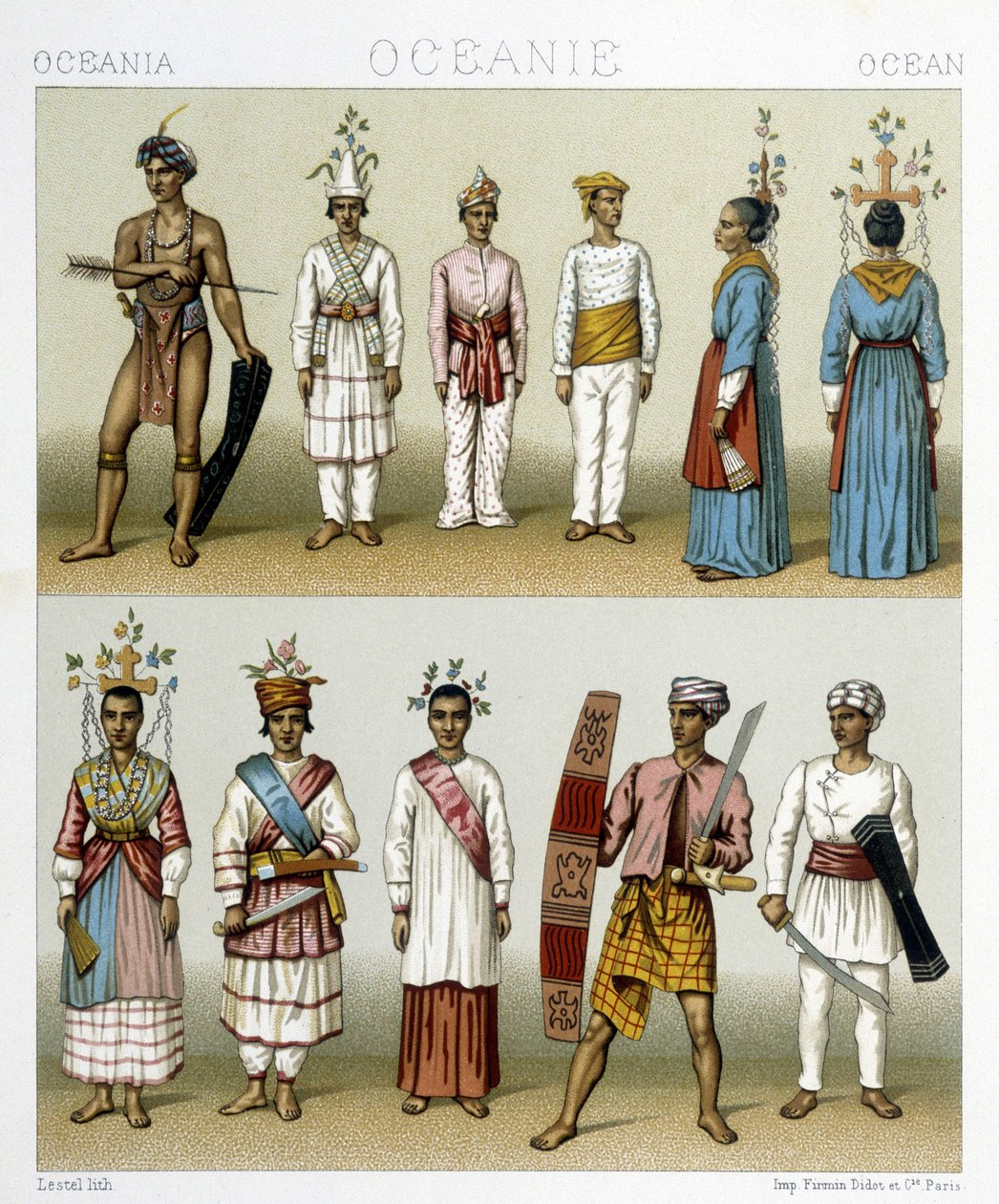 Innbyggere på Celebes-øyene i Indonesia. Illustrasjon i "" Le costume historique"" av Racinet av Albert Charles August Racinet