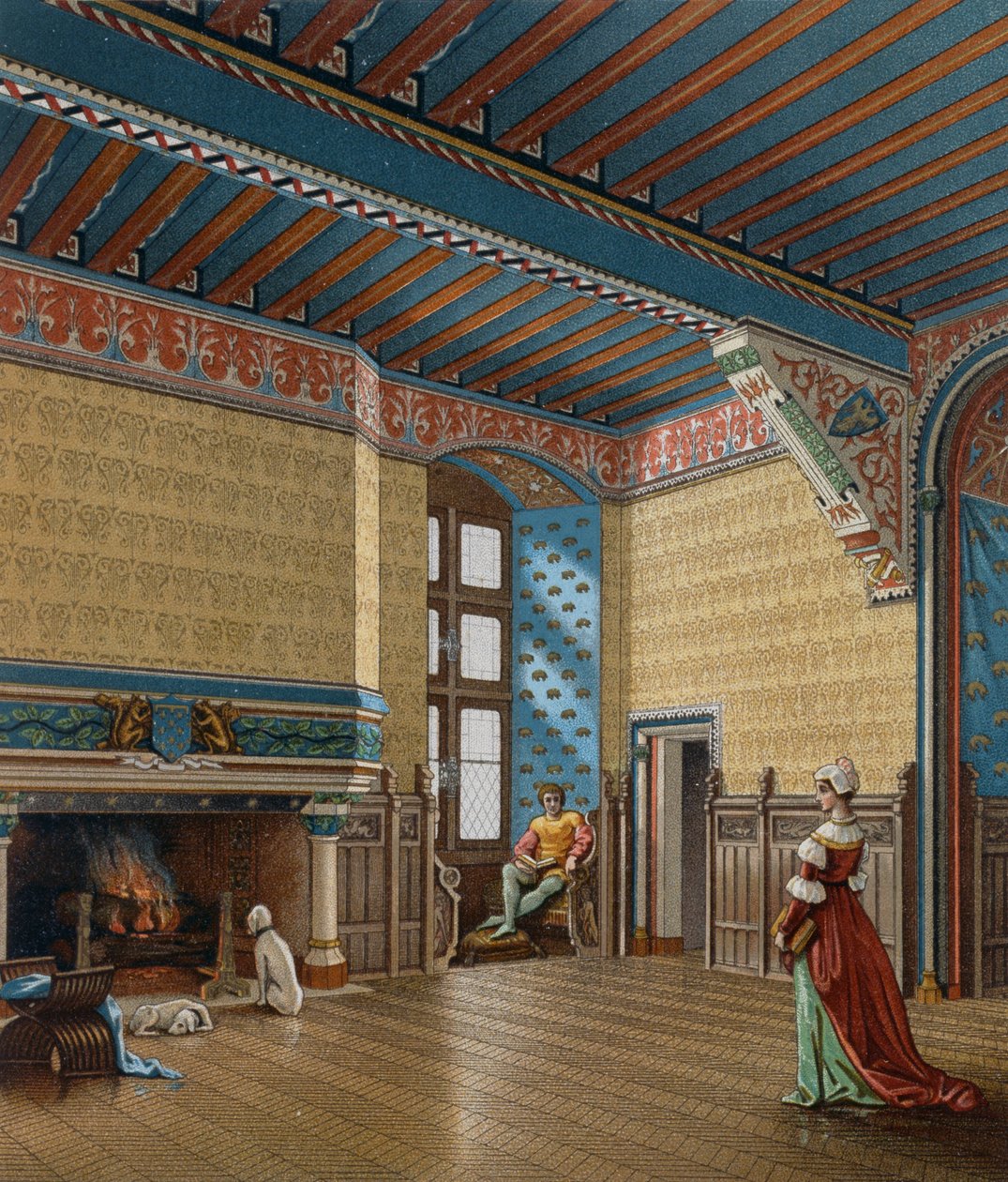 Interiør i fransk bolig fra 1400-tallet, litografi av Charpentier fra Le Costume historique (The Complete Costume History) av Albert Charles August Racinet