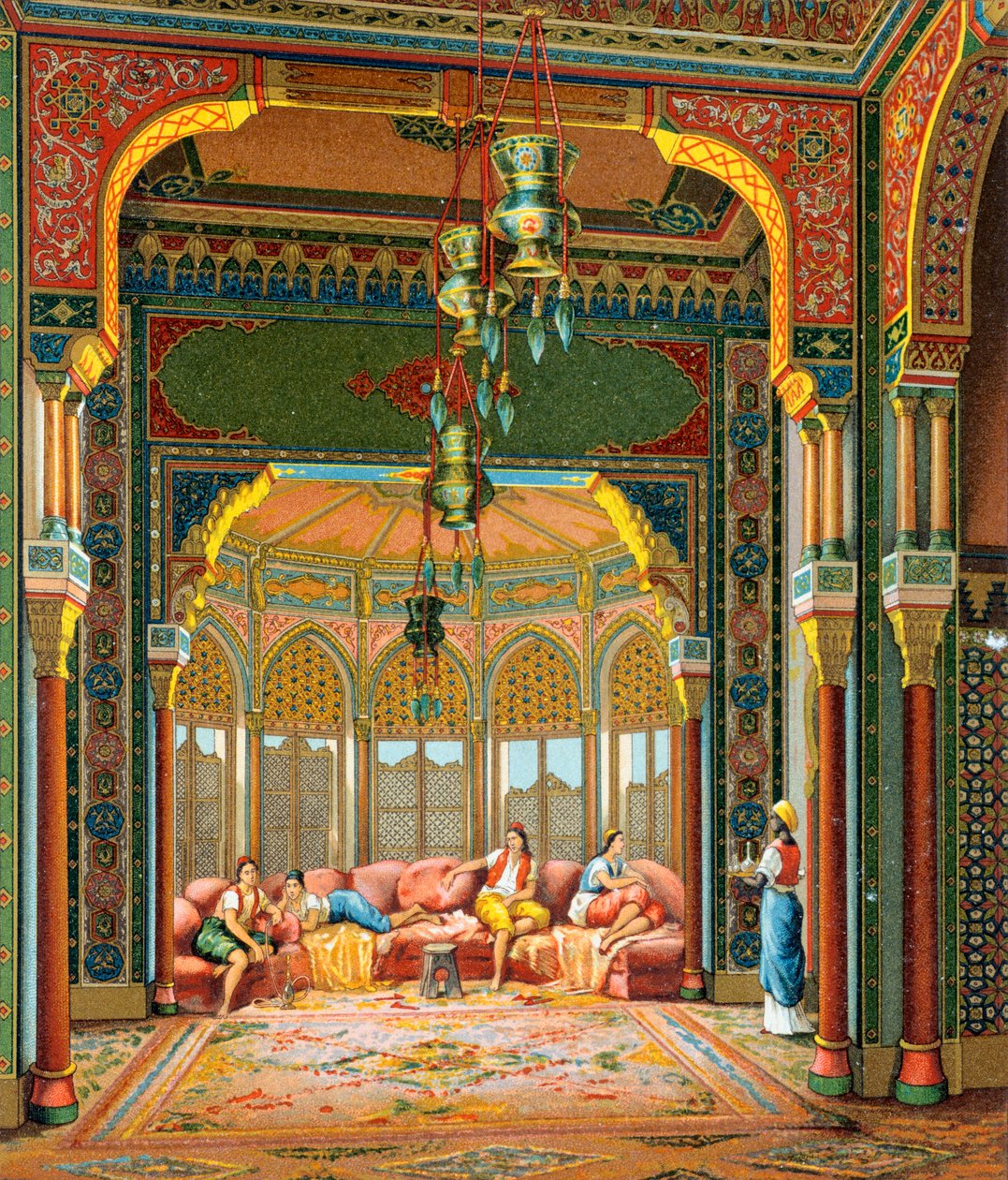 Interiør i tyrkisk bygning, illustrasjon fra Complete Costume History av Auguste Racinet av Albert Charles August Racinet