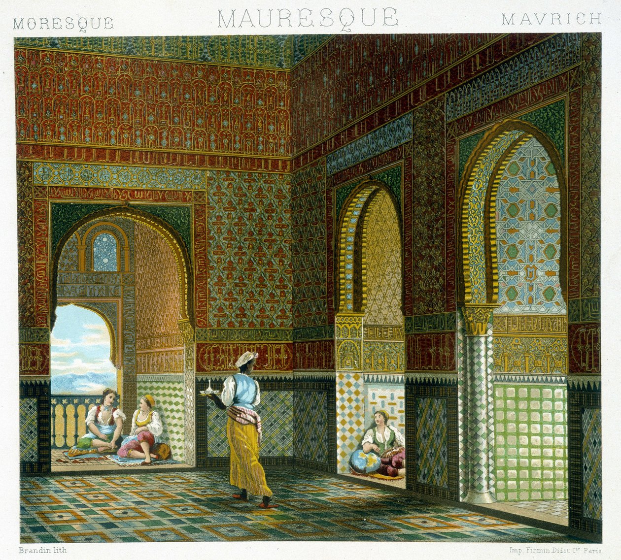 Interiør i et maurisk hus (Alhambra, velsignelsens rom). Kromolitografisk plate - i "" Le costume historique"" av Racinet av Albert Charles August Racinet