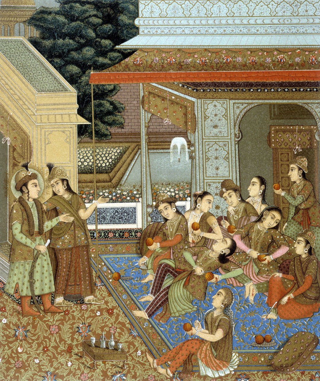 Interiør i et hus i India med mange kvinner - i "" Den historiske drakten"" av Racinet av Albert Charles August Racinet