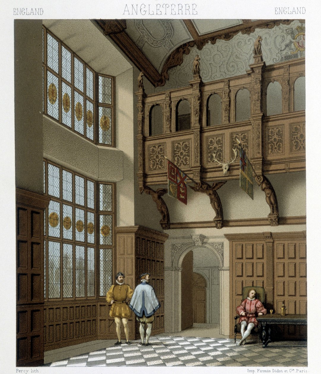 Interiør i et staselig hus i England på 1700-tallet. Illustrasjon i "" Le costume historique"" av Racinet av Albert Charles August Racinet