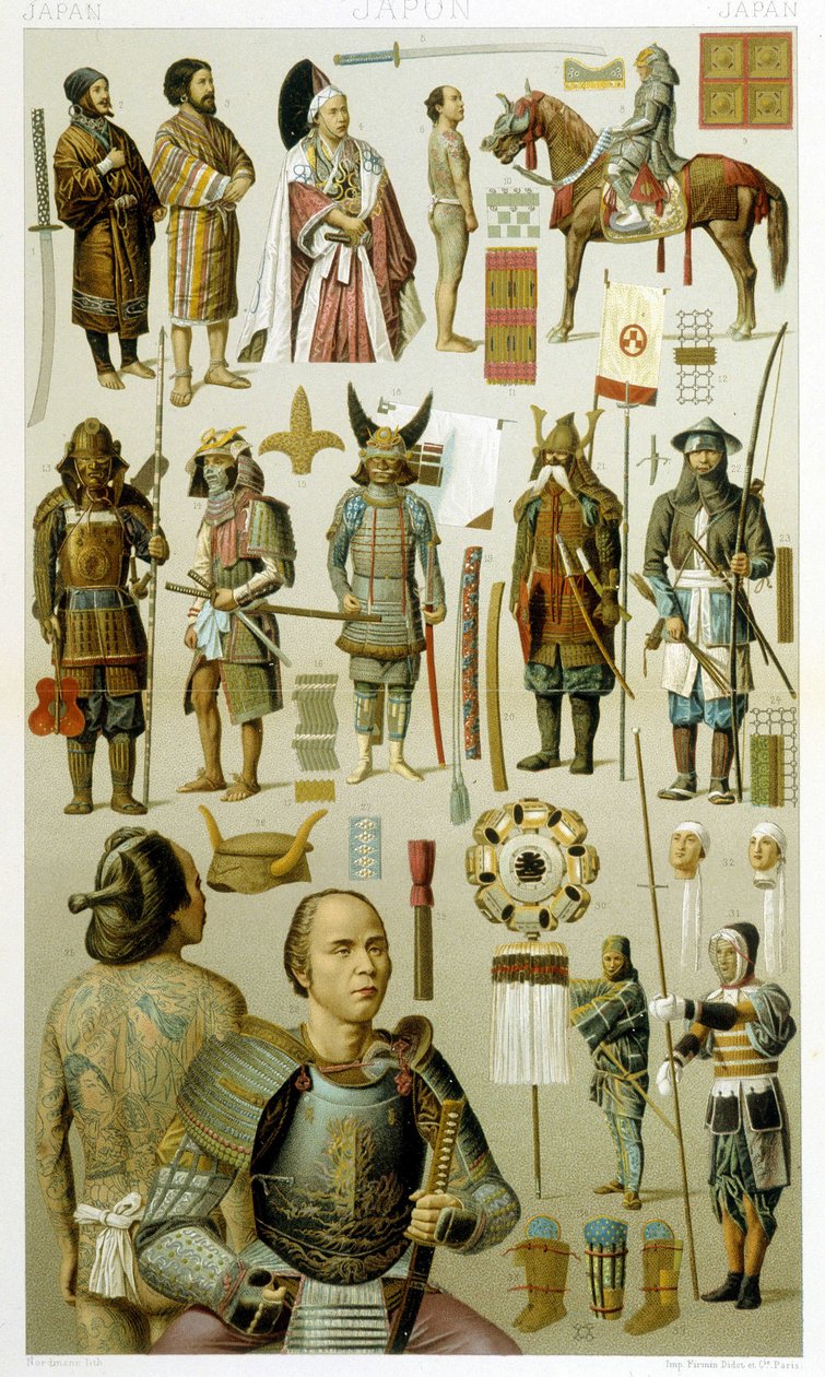Japanske krigerkostymer (samoura eller yakuza eller yakuza). Kromolitografisk plate - i "" Le costume historique"" av Racinet av Albert Charles August Racinet