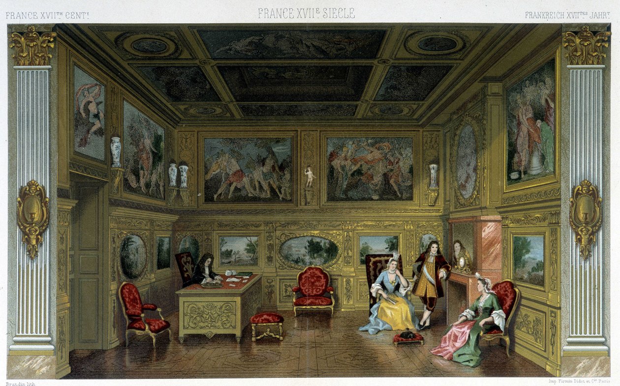 Menn og kvinner i et rikt 1700-tallshjem. Illustrasjon i "" Le costume historique"" av Racinet av Albert Charles August Racinet