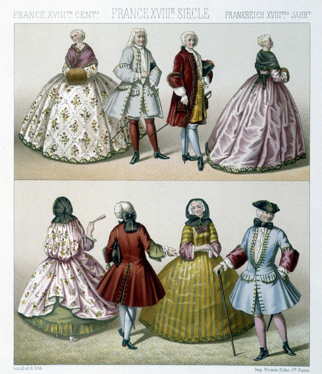 Menn og kvinner i moteriktige 1700-tallskostymer i Frankrike. Illustrasjon i "" Le costume historique"" av Racinet av Albert Charles August Racinet