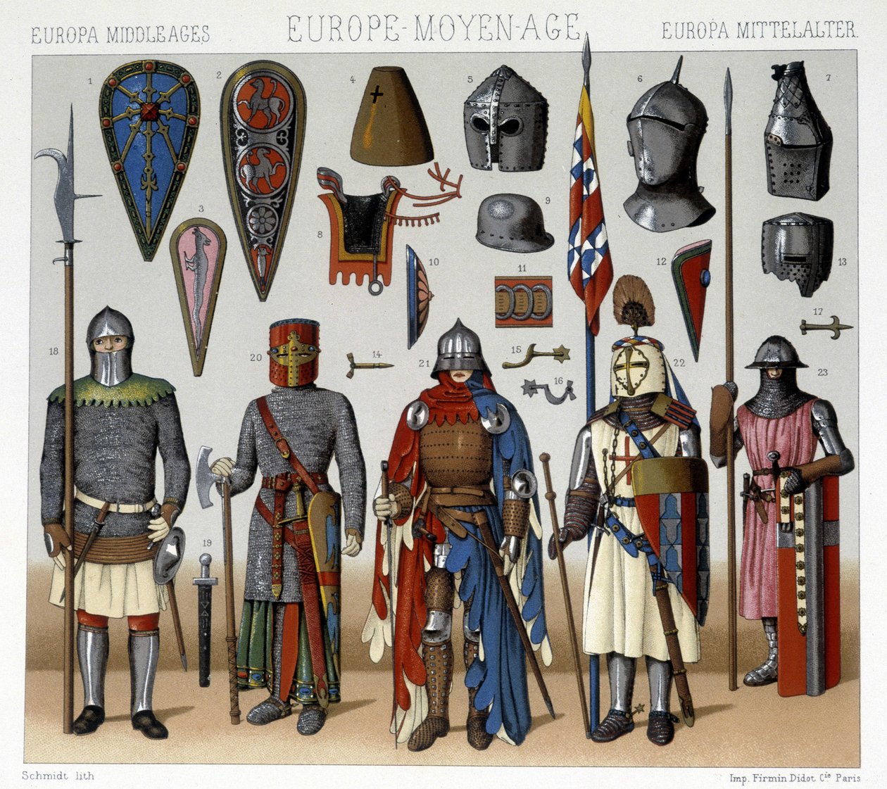 Militære drakter og hjelmer i Frankrike fra 1200- til 1400-tallet. Illustrasjon i "" Le costume historique"" av Racinet av Albert Charles August Racinet