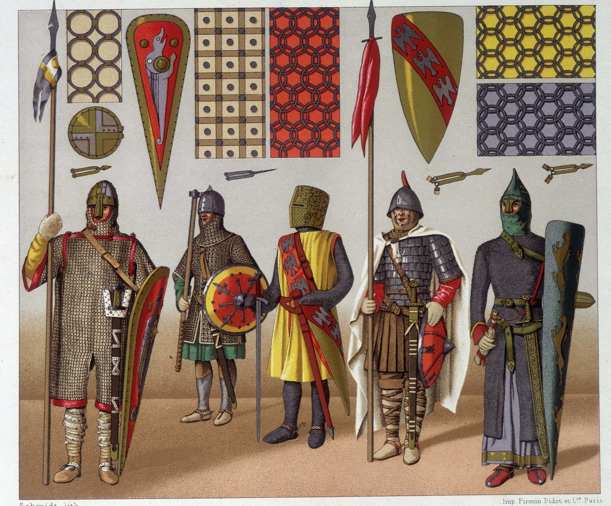 Militære drakter fra 900- til 1100-tallet, av A. Racinet av Albert Charles August Racinet