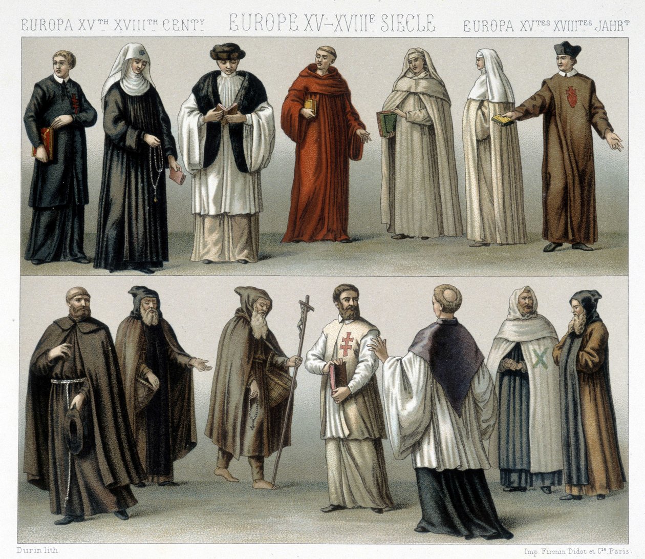 Monastiske drakter i Europa fra 1400- til 1700-tallet. Illustrasjon i "" Le costume historique"" av Racinet av Albert Charles August Racinet