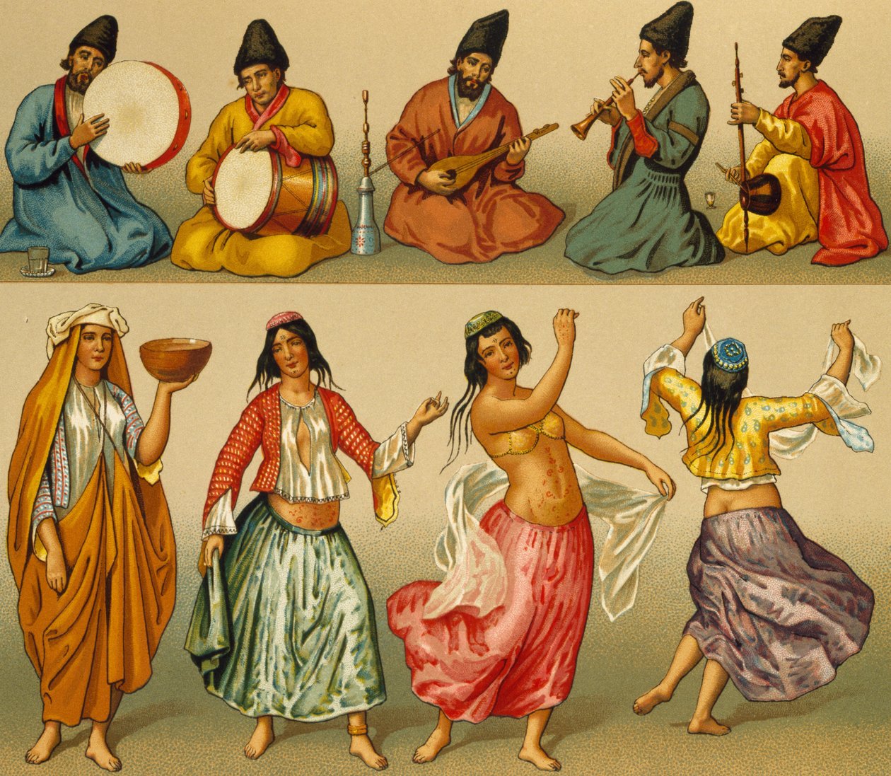 Musikere og dansere fra Persia, litografi av Dambourget, fra Le Costume historique (Complete Costume History), bind I av Albert Charles August Racinet