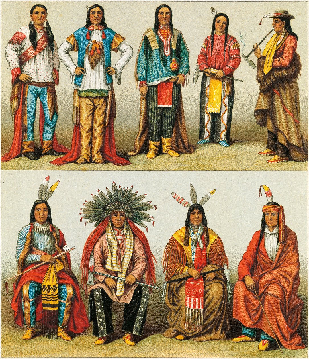 Indianere fra Mississippi og Colorado, litografi av Nordmann og Sahn fra Le Costume Historique, bind 2 av Albert Charles August Racinet