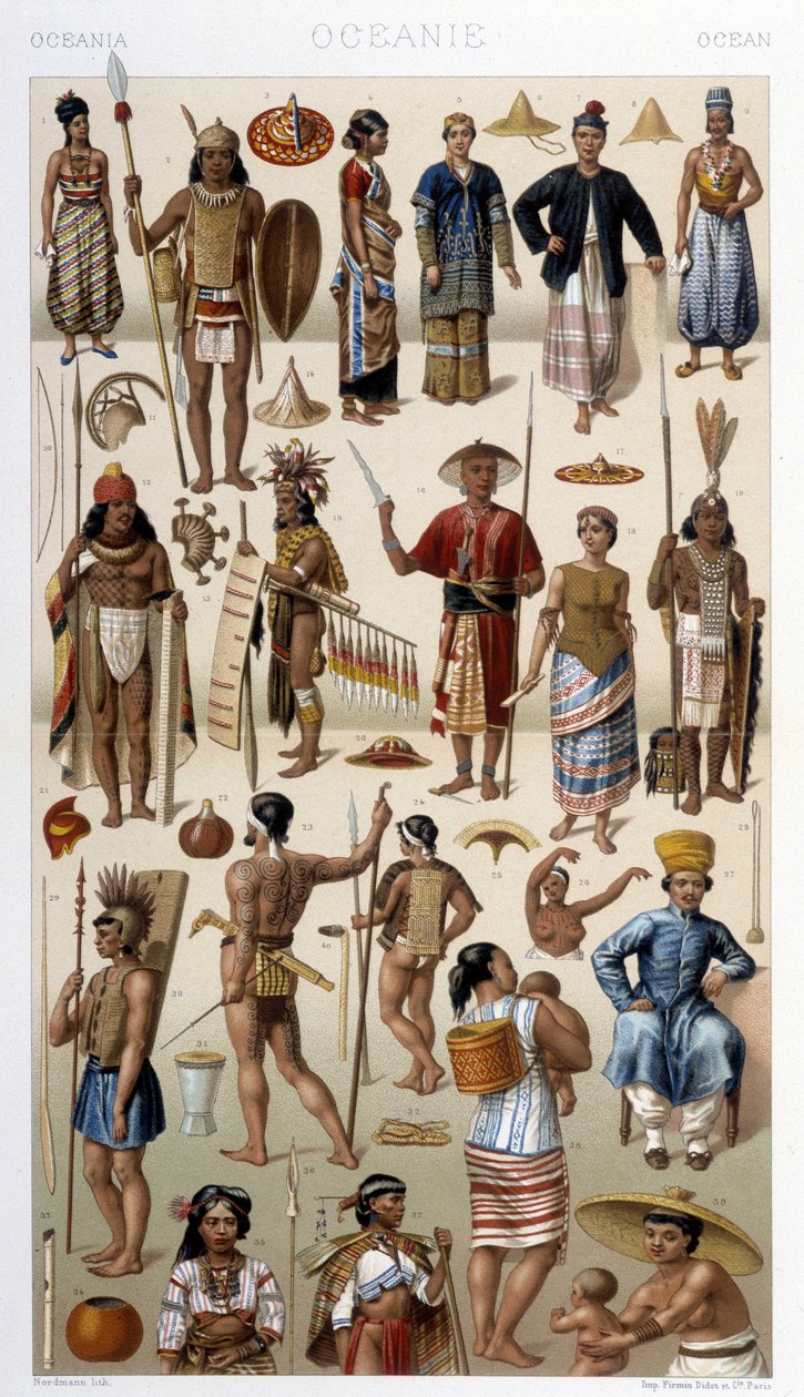 Folk i Malaysia og Polynesia (Oceania). Illustrasjon i "" Le costume historique"" av Racinet av Albert Charles August Racinet