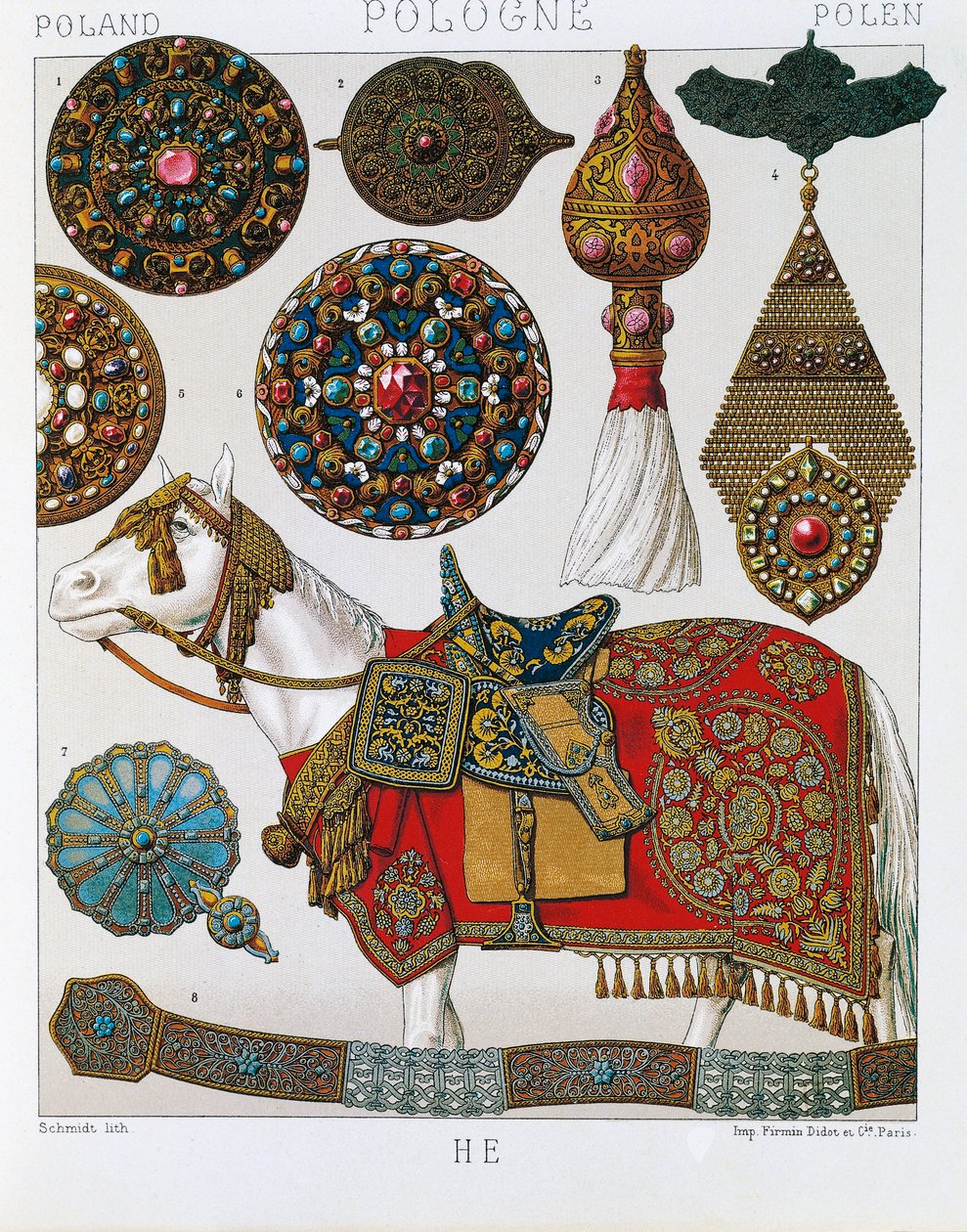 Polske ornamenter, hestehusarer, litografi hentet fra Schmidts Costume historique, bind V av Albert Charles August Racinet