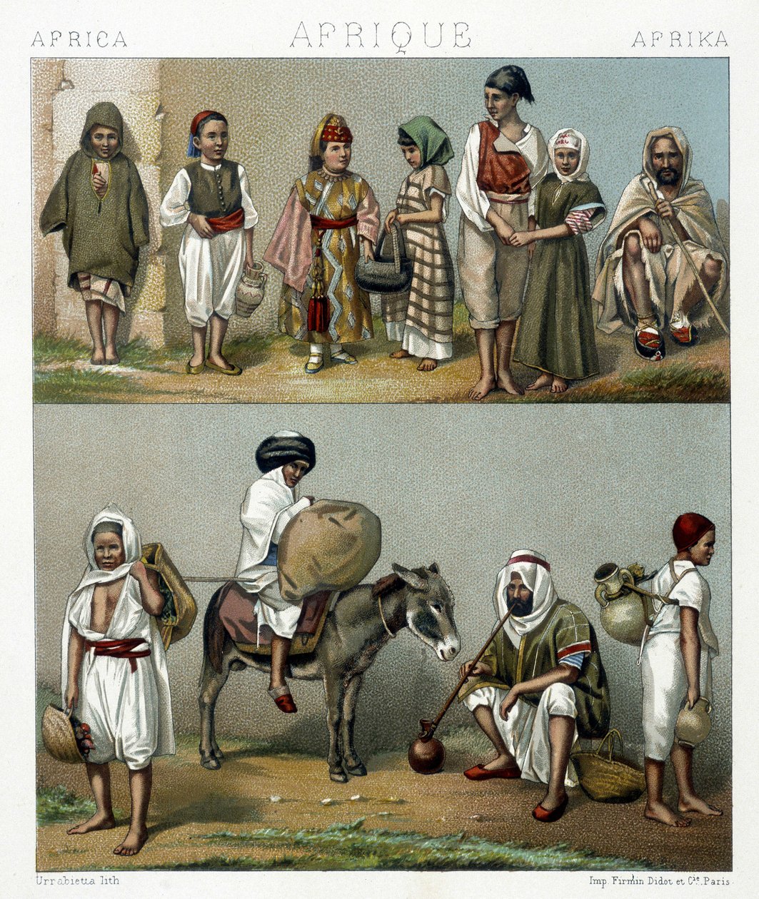 Populære kostymer fra Algerie og Tunisia. Illustrasjon i "" Le costume historique"" av Racinet av Albert Charles August Racinet