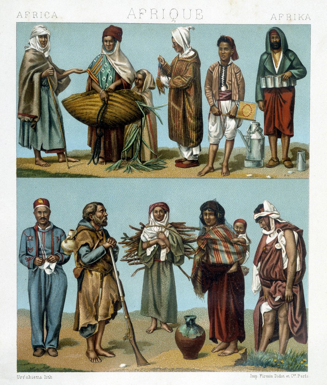 Populære kostymer i Afrika. Illustrasjon i "Den historiske drakten"" av Racinet av Albert Charles August Racinet