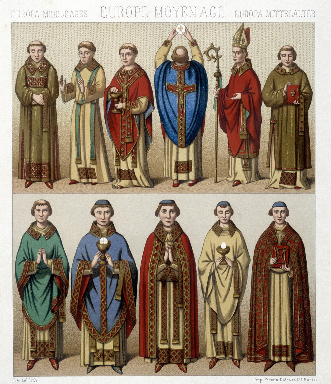Religiøse drakter i Europa i middelalderen. Illustrasjon i "" Le costume historique"" av Racinet av Albert Charles August Racinet