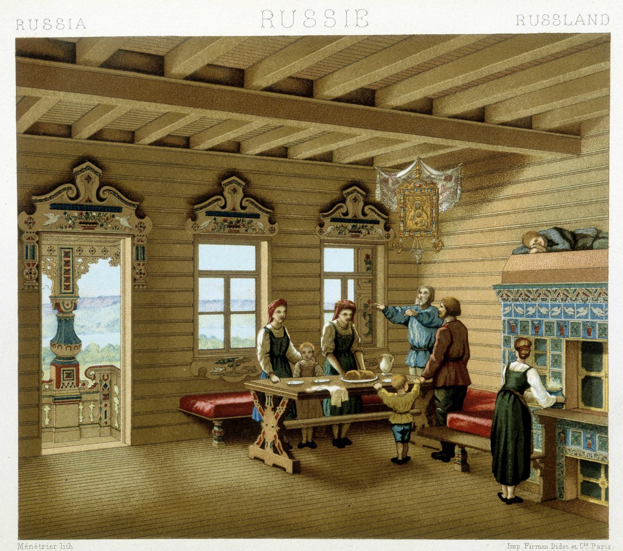 Russisk familie i en typisk bolig i Russland på 1800-tallet. Kromolitografisk plate - i "" Le costume historique"" av Racinet av Albert Charles August Racinet