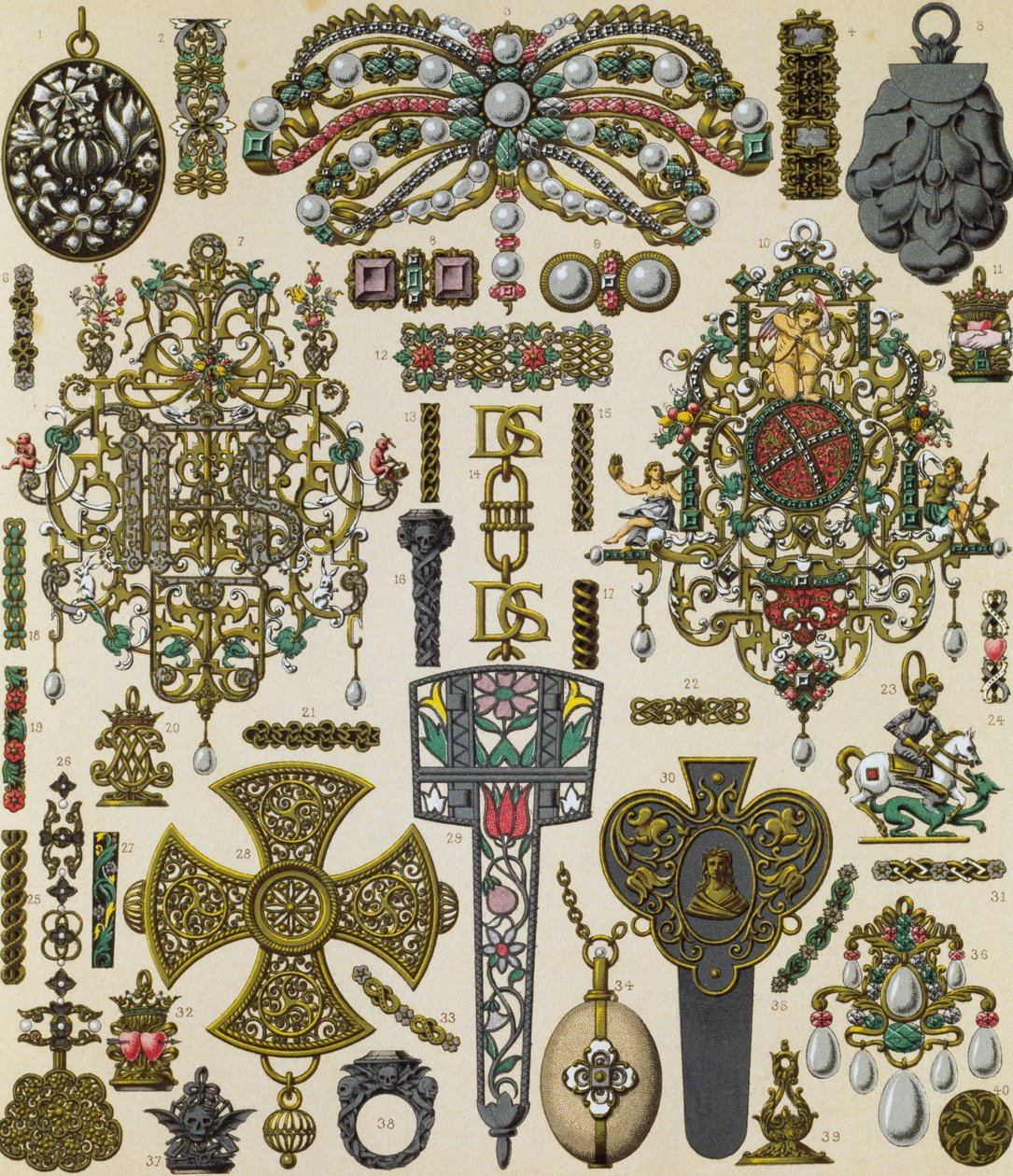 Smykker fra det syttende århundre, litografi av Schmidt publisert i Le costume historique, bind V av Albert Charles August Racinet