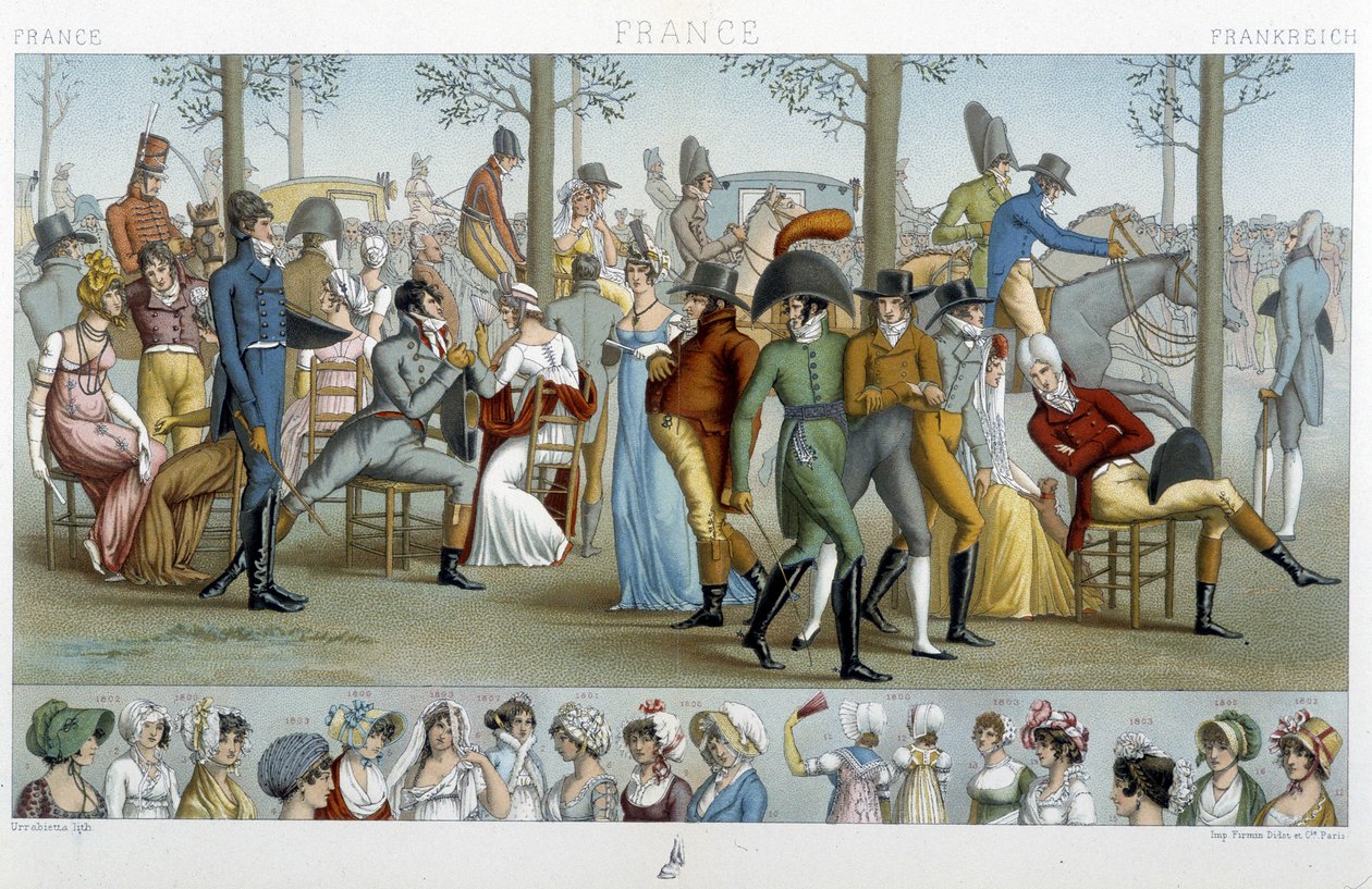 Borgerskapet går til Longchamp, deb. 1800-tallet - i "" Le costume historique"" av Racinet av Albert Charles August Racinet
