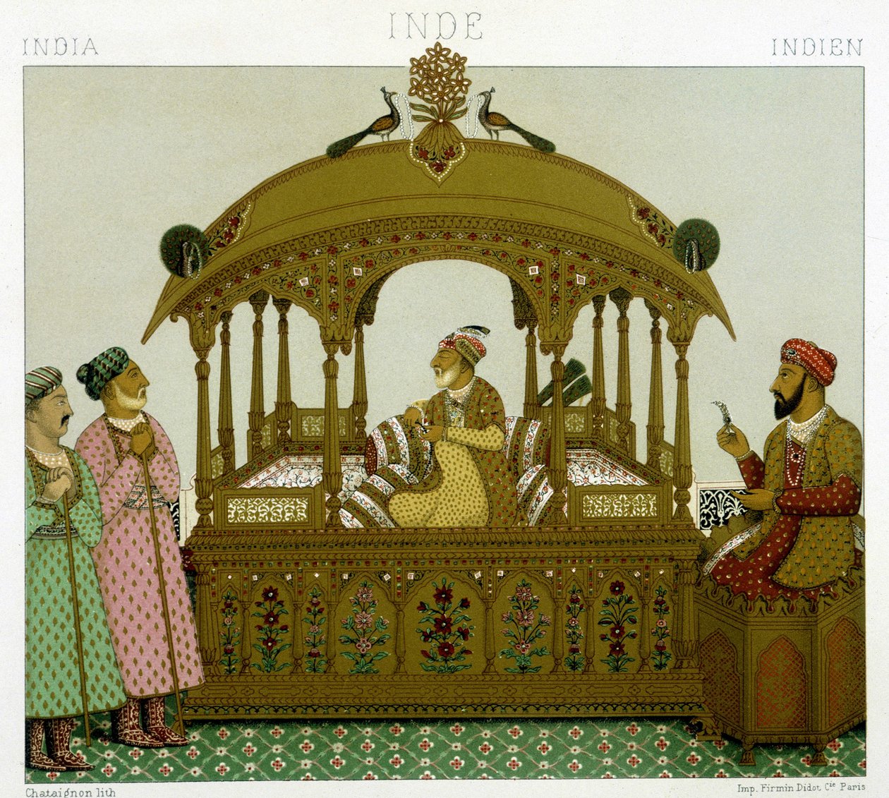 Mughal-keisernes trone. Kromolitografisk plate - i "" Le costume historique"" av Racinet av Albert Charles August Racinet
