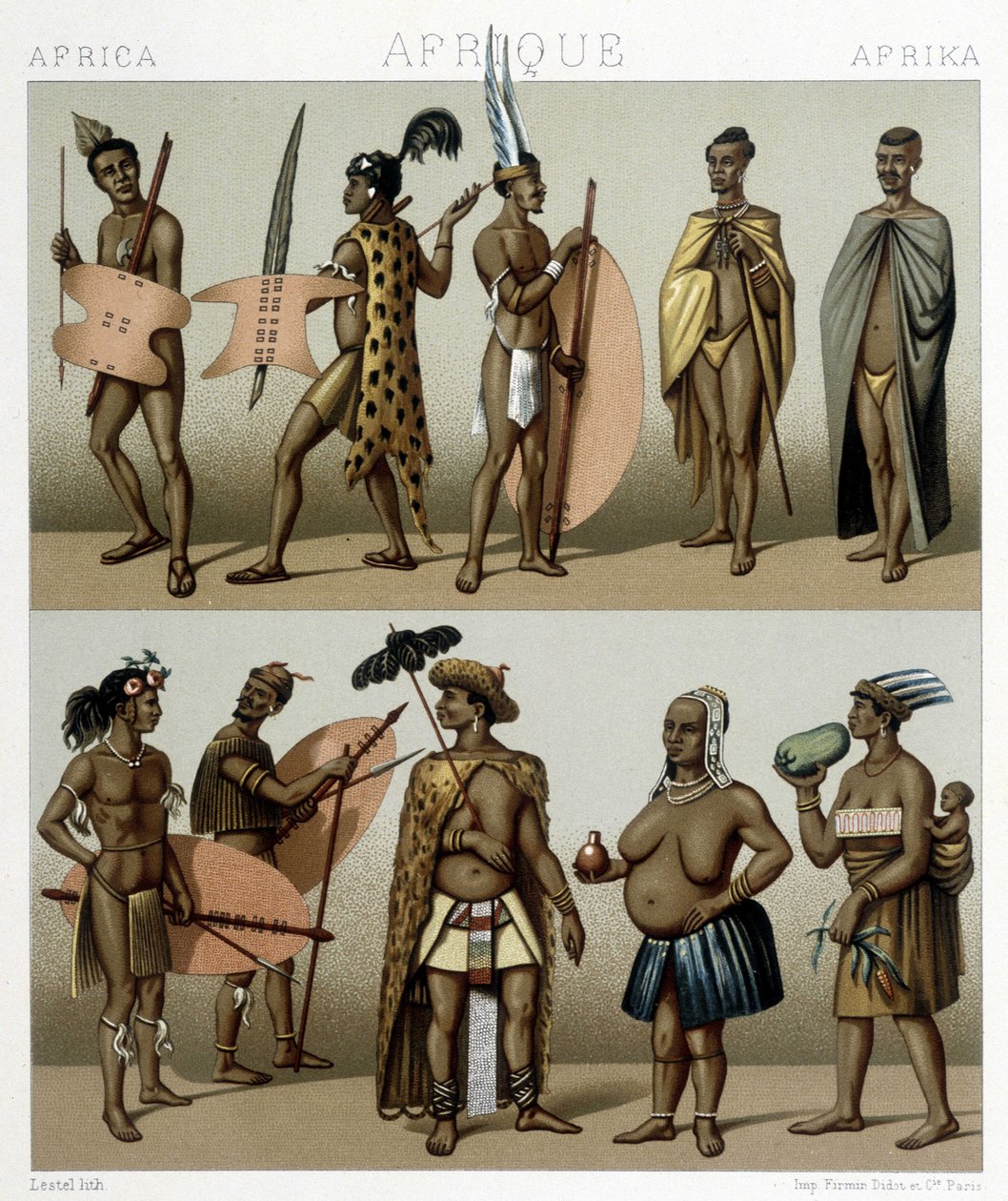 Tradisjonell Cafrerie-drakt (Meridional del av Afrika). Illustrasjon i "" Le costume historique"" av Racinet av Albert Charles August Racinet